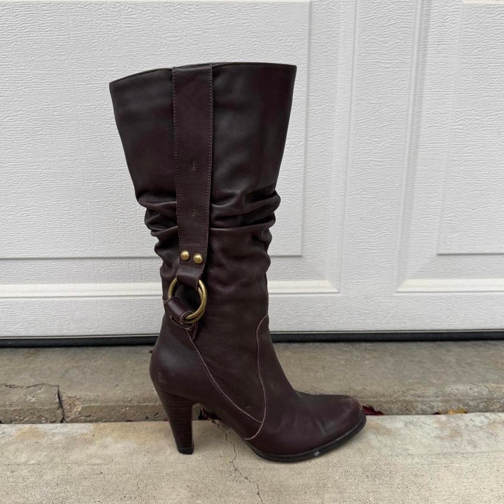 BROWN FAUX-LEATHER MID-CALF SLOUCH BUCKLE BOOTS